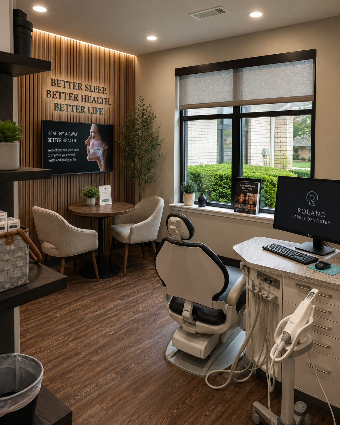 A calm, unhurried consultation room in my practice — two chairs at a small table facing a patient-education screen
